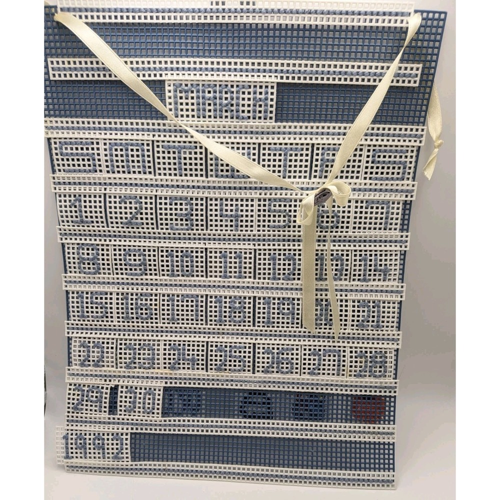 Vintage Handmade Perpetual Wall Calendar Country Blue White Canvas Needlepoint
